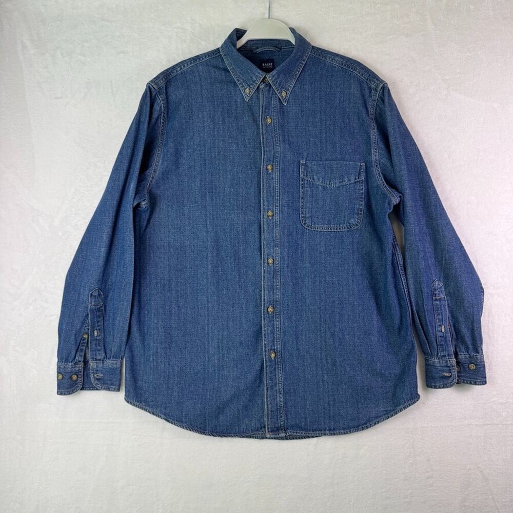 Vtg 90s BASIC EDITIONS Denim Shirt Men L Long Sleeve 100% Cotton Casual Western